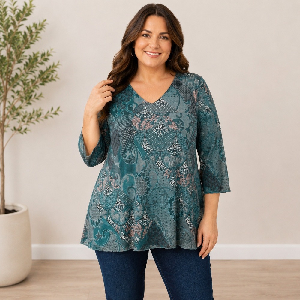 Chicos Teal Paisley Mesh 3/4 Sleeve V-Neck Blouse Top Size 3 XL Double Layered